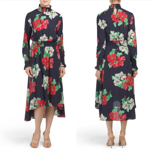 Nanette Lepore Navy Red Floral Long Sleeve High Neck Midi Dress Women’s Size 4 - Picture 1 of 10